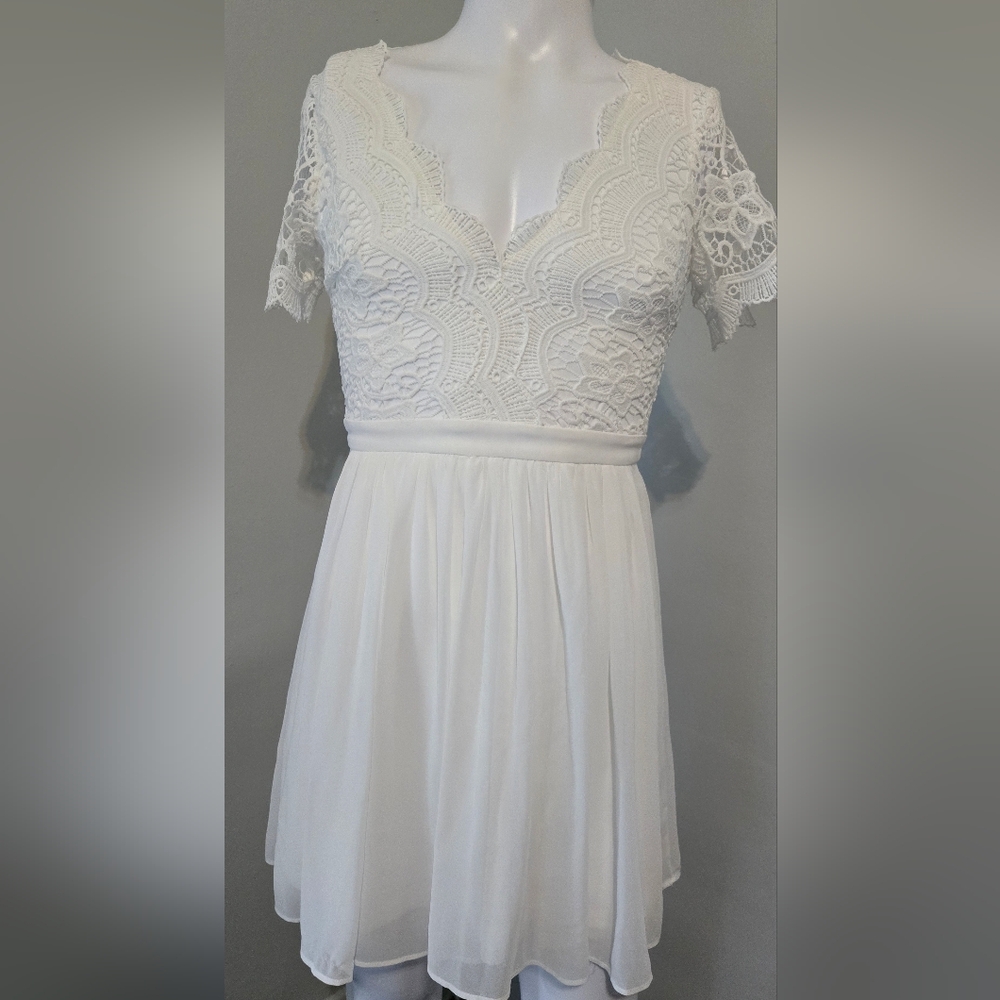Lulus Angel in Disguise White Lace Skater Dress Women Size Small, Bridal V Neck